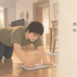 雑巾がけをする父
