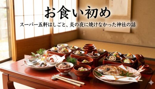 お食い初め——スーパー五軒はしごと、炎の夜に焼けなかった神社の話
