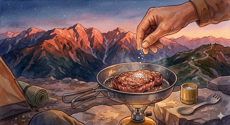 山で肉に塩を振る