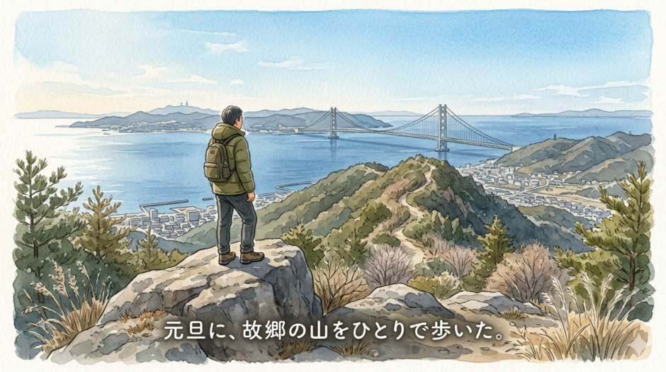 冬晴れの瀬戸内海（明石海峡大橋と淡路島）を見下ろす低山の稜線、青く澄んだ空、ひとりの中年男性が岩の上に立つ後ろ姿