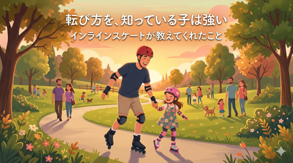 夕暮れの公園で父親と小さな娘が一緒に滑っている様子