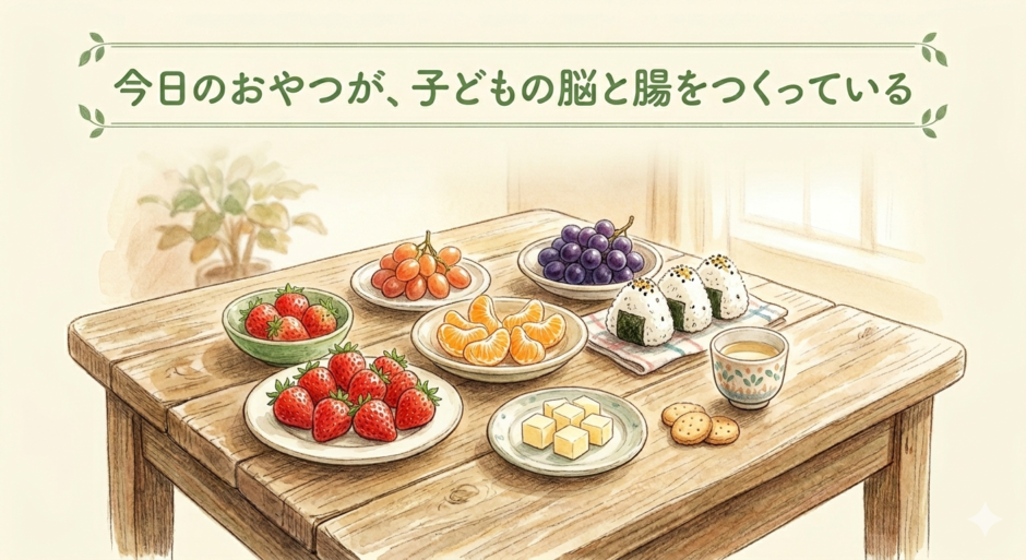 木製のテーブルの上に、カラフルな旬の果物（いちご、みかん、ぶどうなど）と、素朴なおやつ（おにぎり、チーズ）が並んでいる