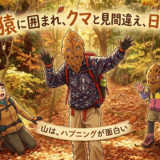 ホオノキの落ち葉の仮面をつけた父と娘