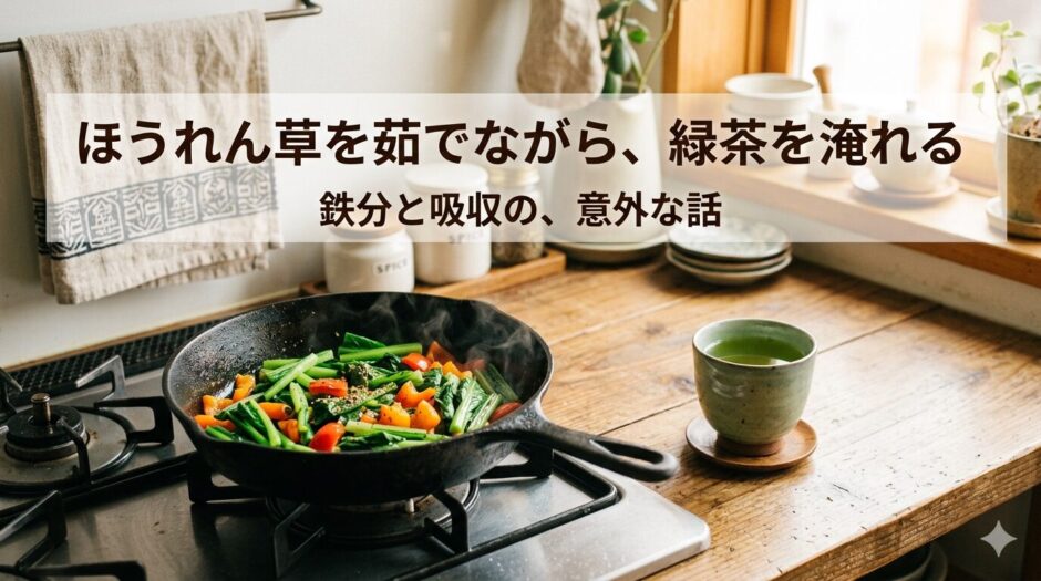 鉄のスキレットの上で小松菜とパプリカが炒められている。かたわらに緑茶のカップ。