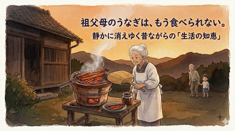 うなぎを七輪で焼く祖母
