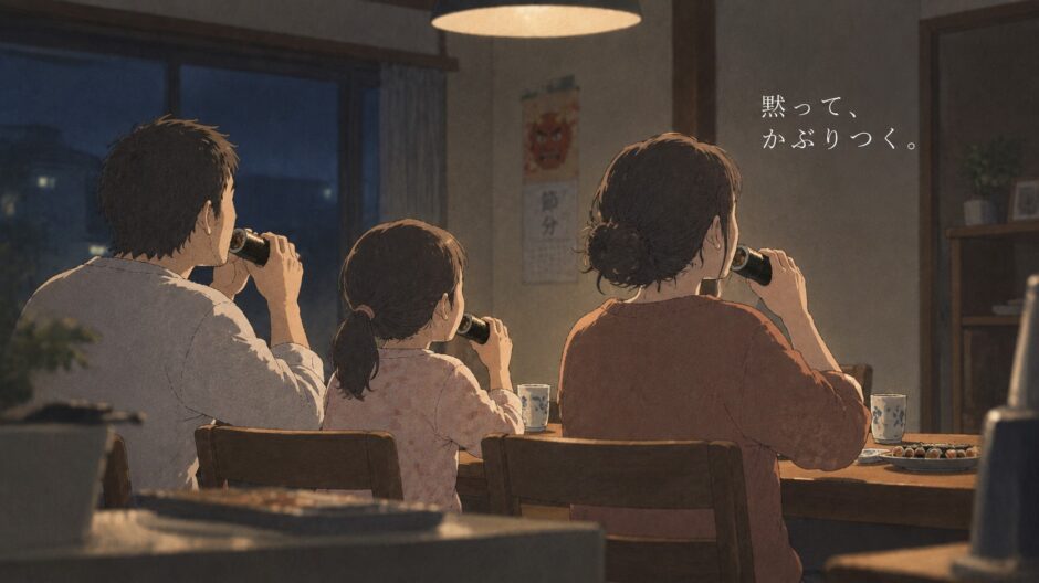 恵方巻を食べる一家