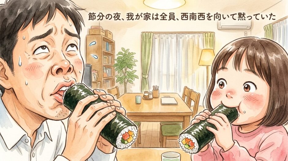 恵方巻を食べながら変顔を作る父