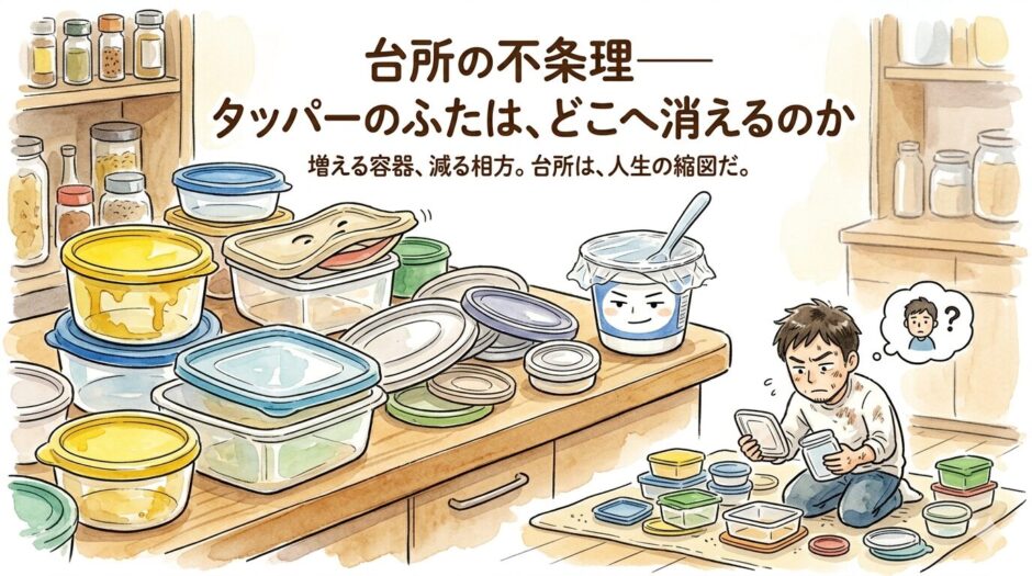 タッパーの蓋を探す男