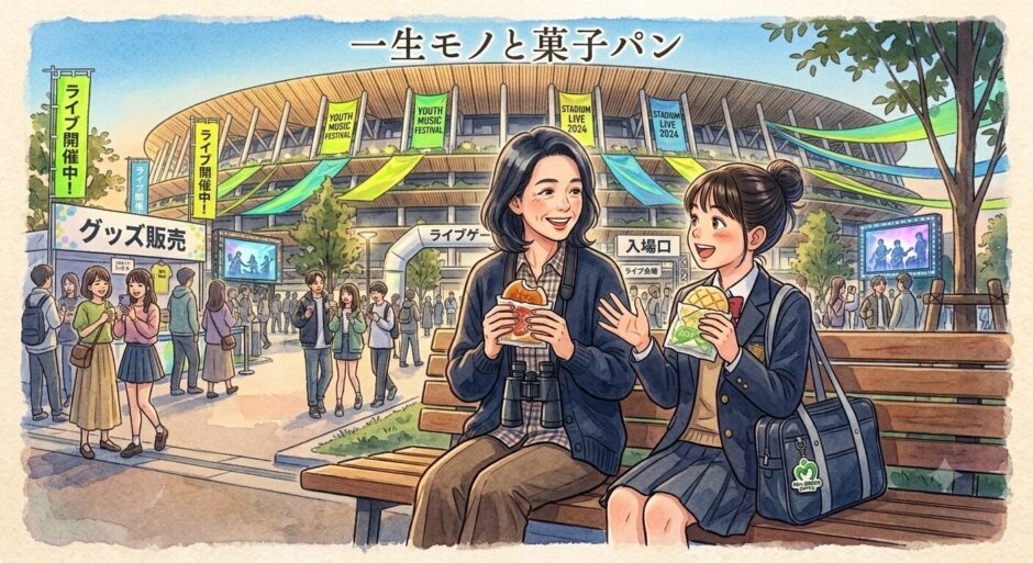 ライブ会場で菓子パンを食べる妻と娘