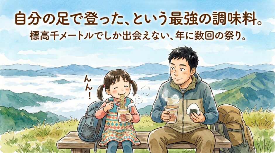 山頂でカップ麺を食べる父と娘